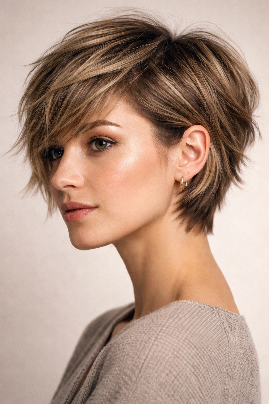 Profile portrait showing short hair with choppy layered texture tucked behind the ear.