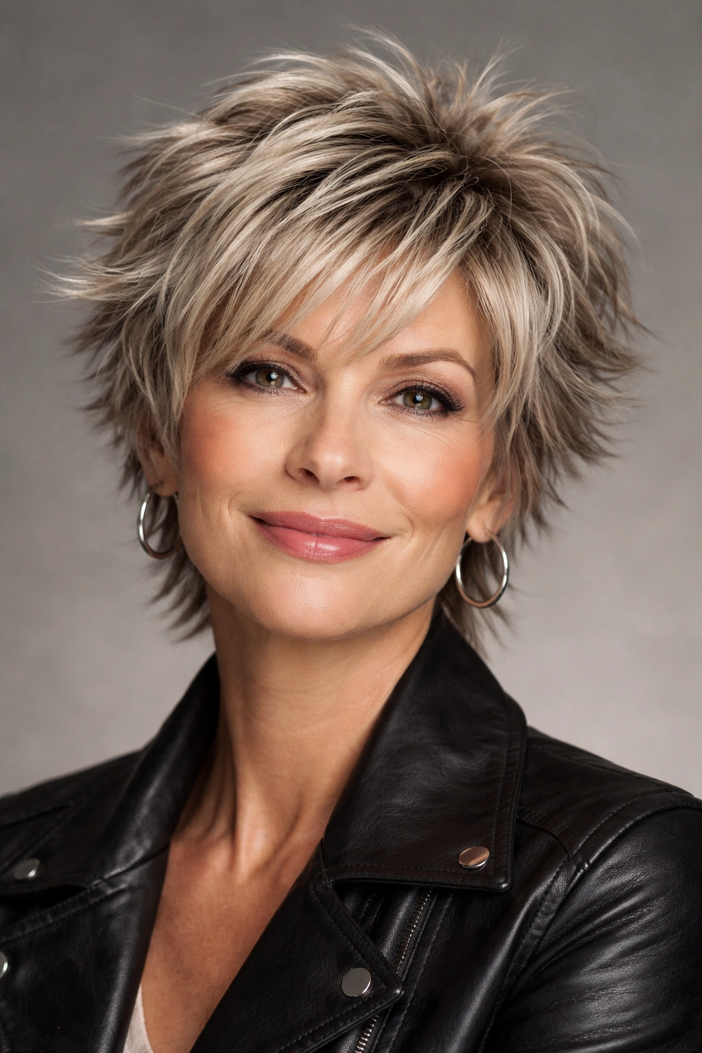 10 Short Spiky Hairstyles For Women Over 50 7 Close-up portrait of a woman with a bold choppy layered short haircut, textured volume