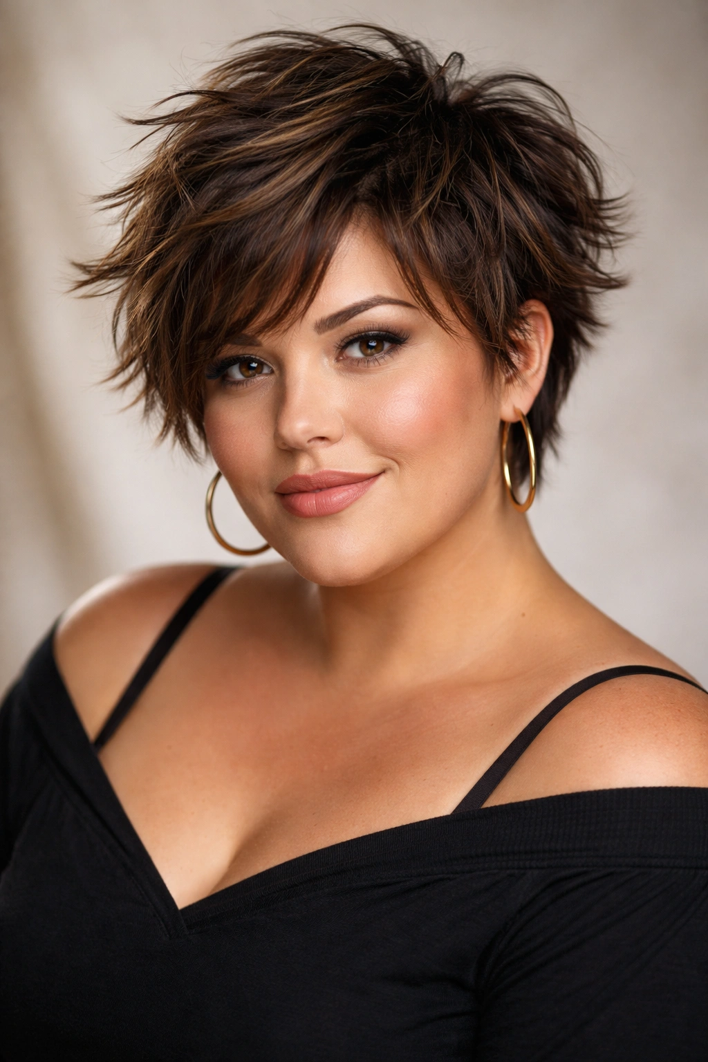 Portrait of a woman with choppy layered haircut showing texture and volume