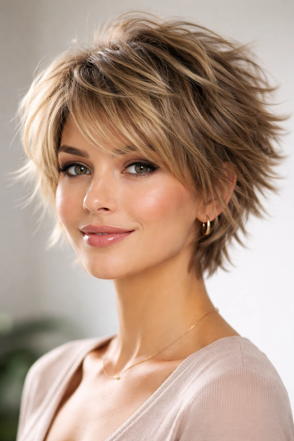 Short cut with choppy layers from crown to ends creating volume