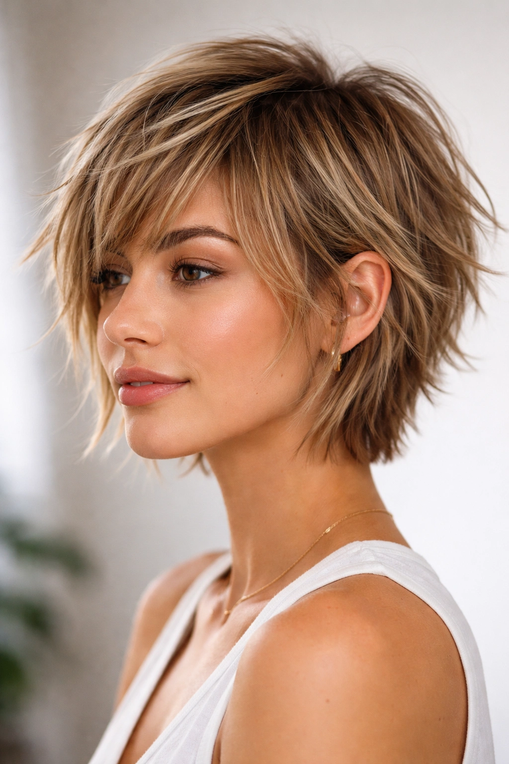 Close-up of choppy layers hairstyle with uneven textured lengths