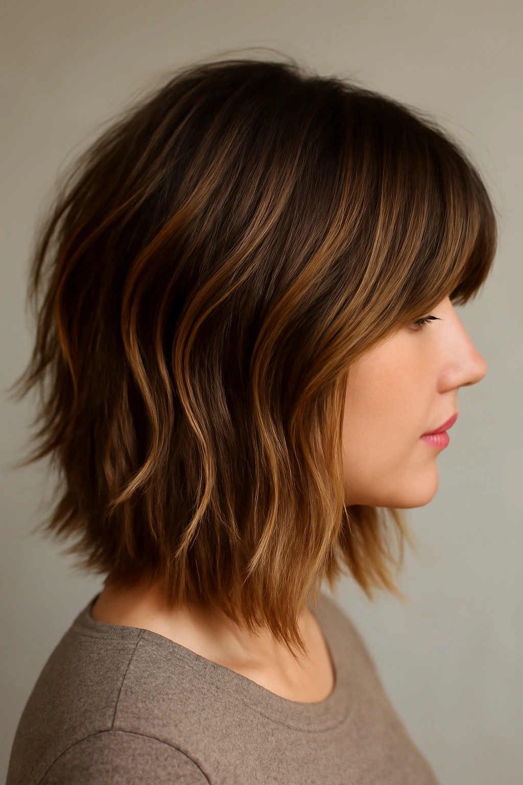 12 Medium Length Balayage Haircuts That Look Amazing 3 Shoulder-length hair with choppy layers and honey balayage highlighting texture.