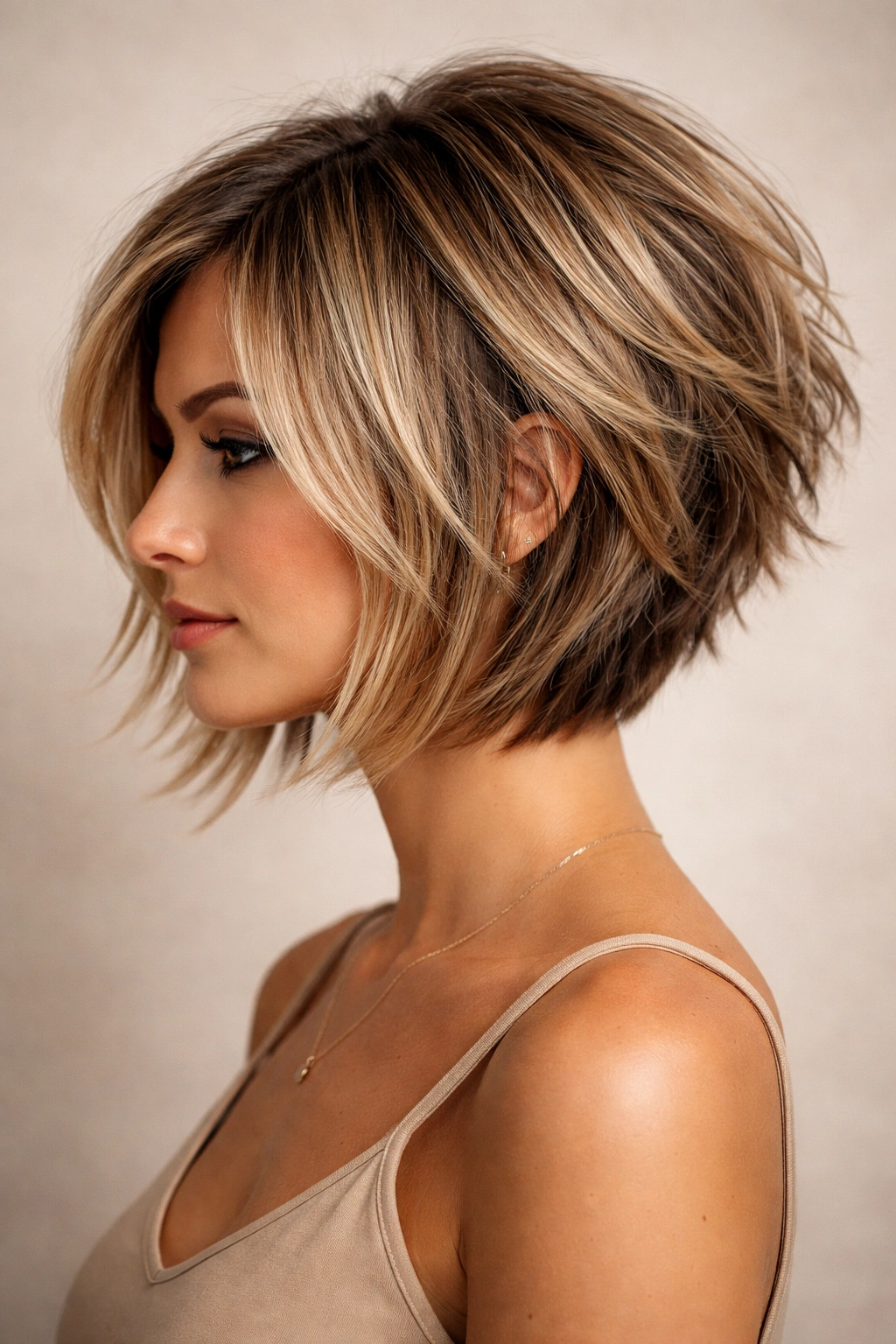Profile of choppy layers inverted bob with distinct layers and volume
