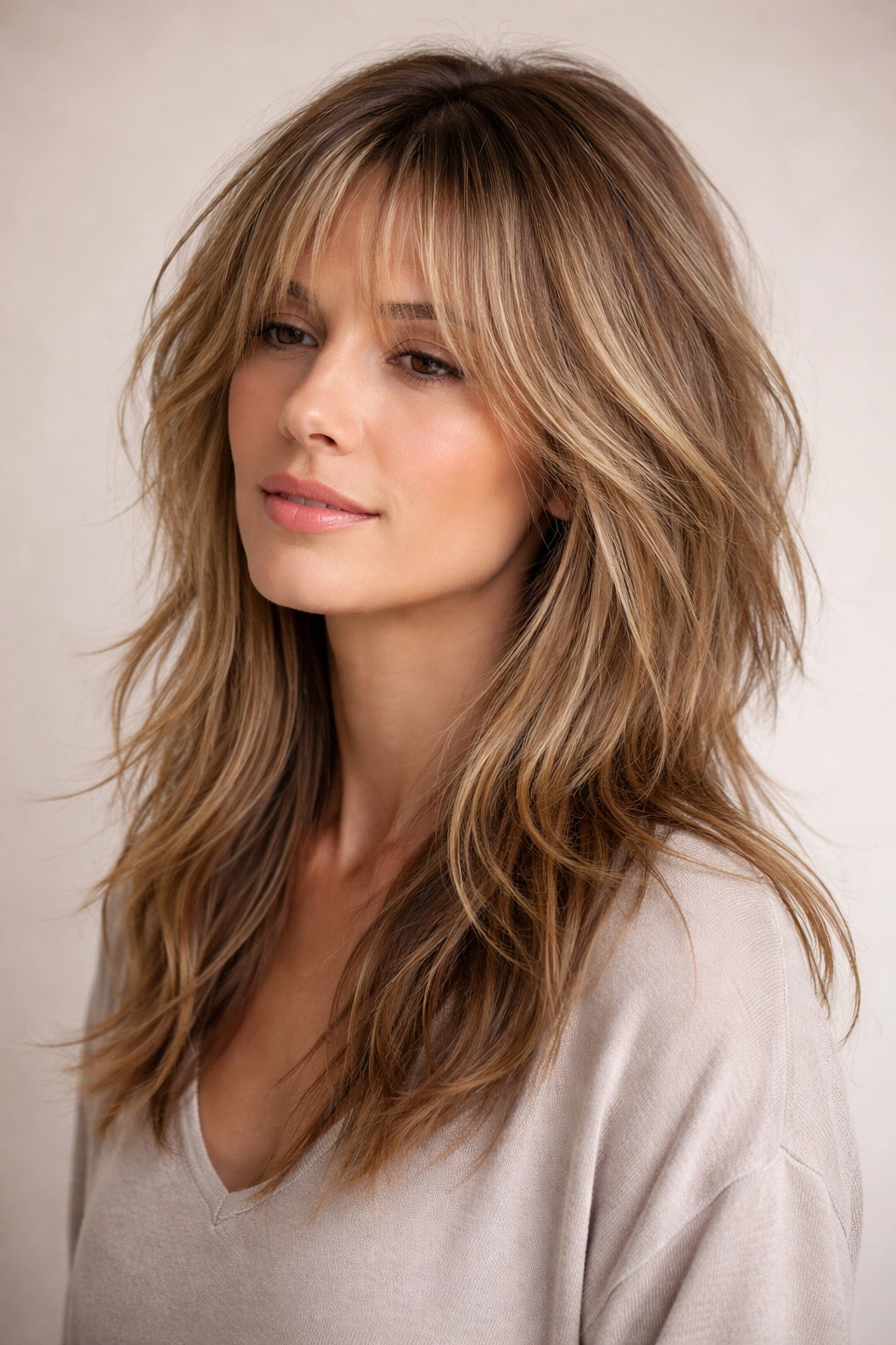 15 Short Low Maintenance Cuts For A Busy Life 8 Close-up of The Choppy Layers with Length hairstyle on a model in a neutral studio