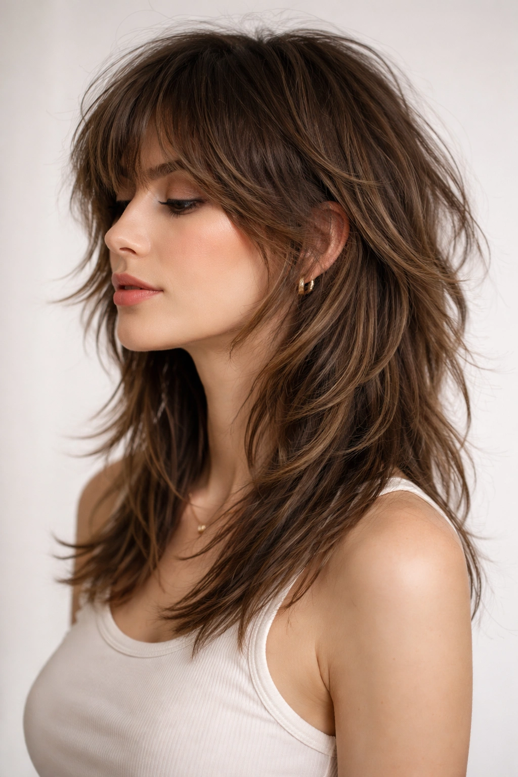 Close-up of The Choppy Layers With Extended Length showing ear-length layers and longer pieces
