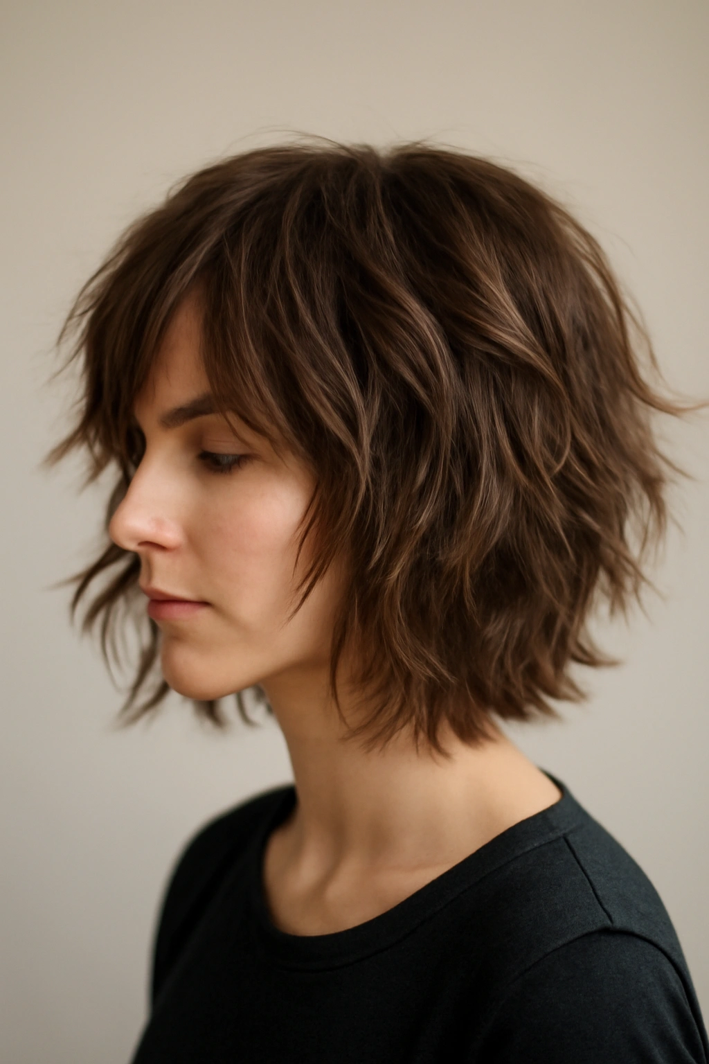 12 Wash and Wear Haircuts for Easy Mornings 11 Medium-length hair with irregular choppy layers and visible movement.