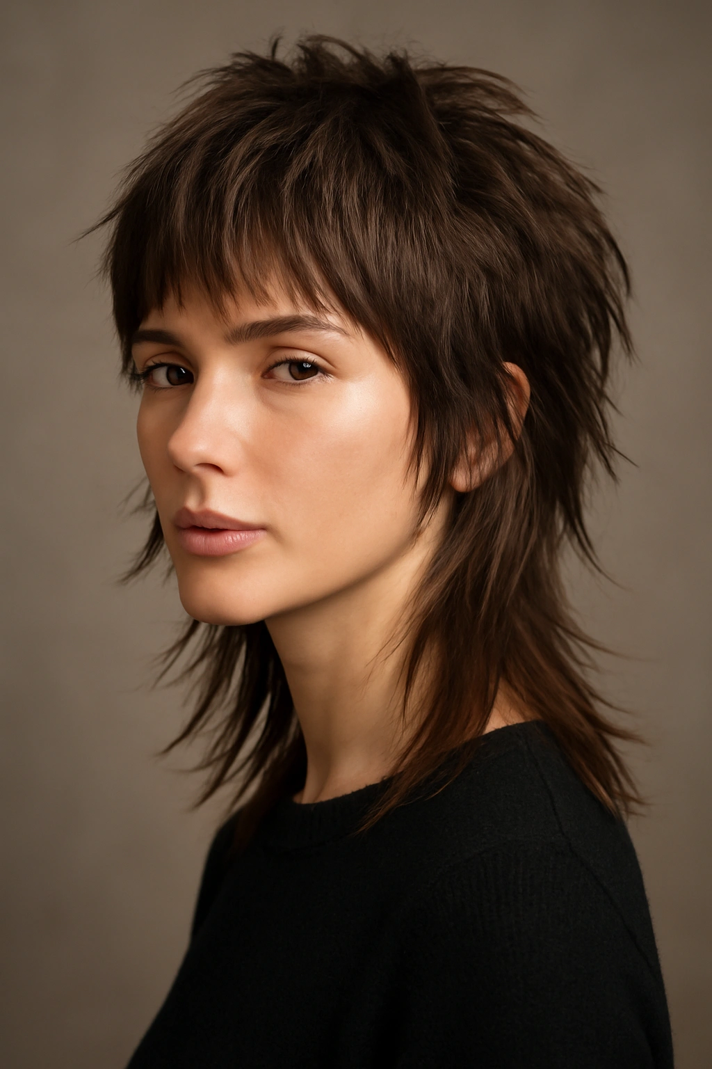25 Mullet Haircuts for Women You'll Actually Love 8 Choppy layered mullet with jagged texture in studio portrait