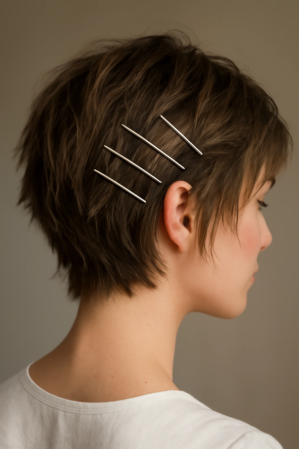 18 Wedding Hairstyles That Look Amazing on Short Hair 9 Close-up of short choppy layered hair with metallic bobby pins throughout