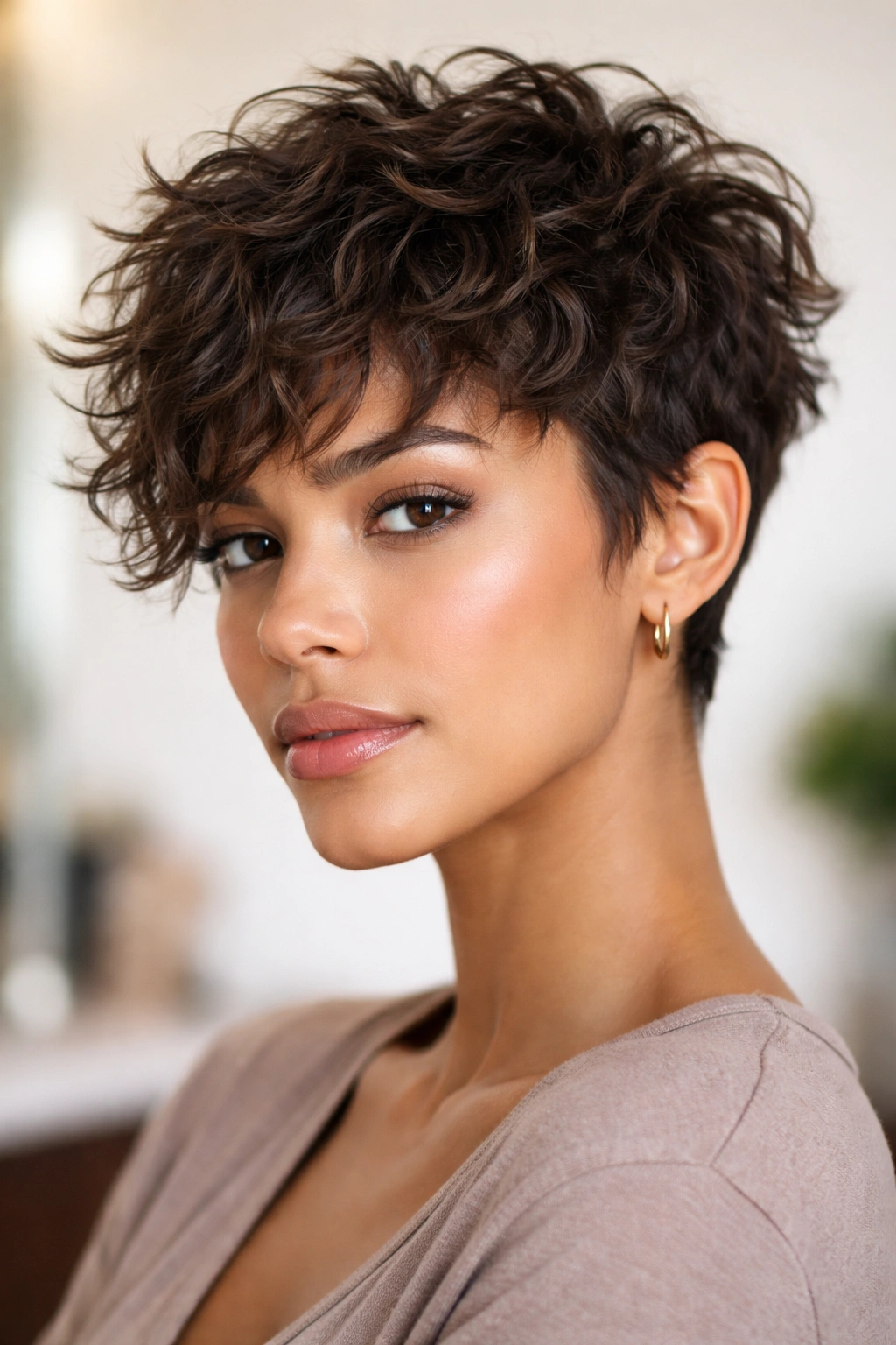 10 Short Curly Pixie Cuts For Natural Texture 6 Portrait of a choppy layers pixie with angled textured layers