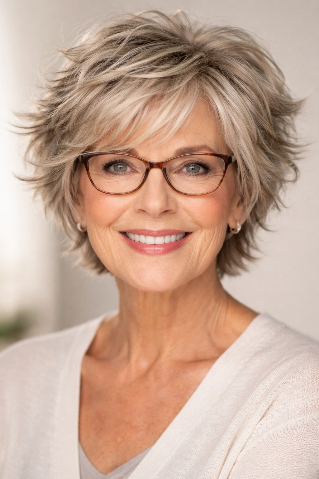Close-up of a senior woman with a choppy layered haircut.