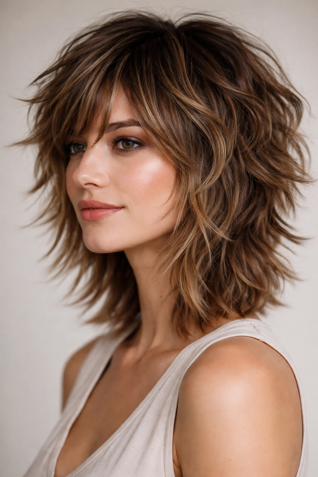 All over choppy layers in a modern shag for movement