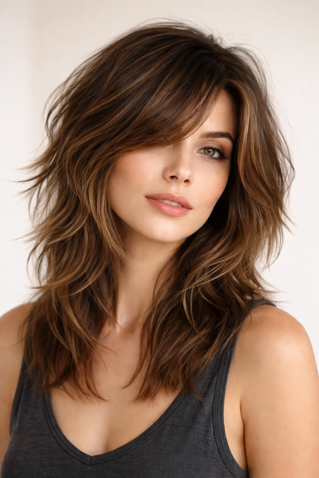 Portrait of a person with a choppy layered shag and side-part, showing texture
