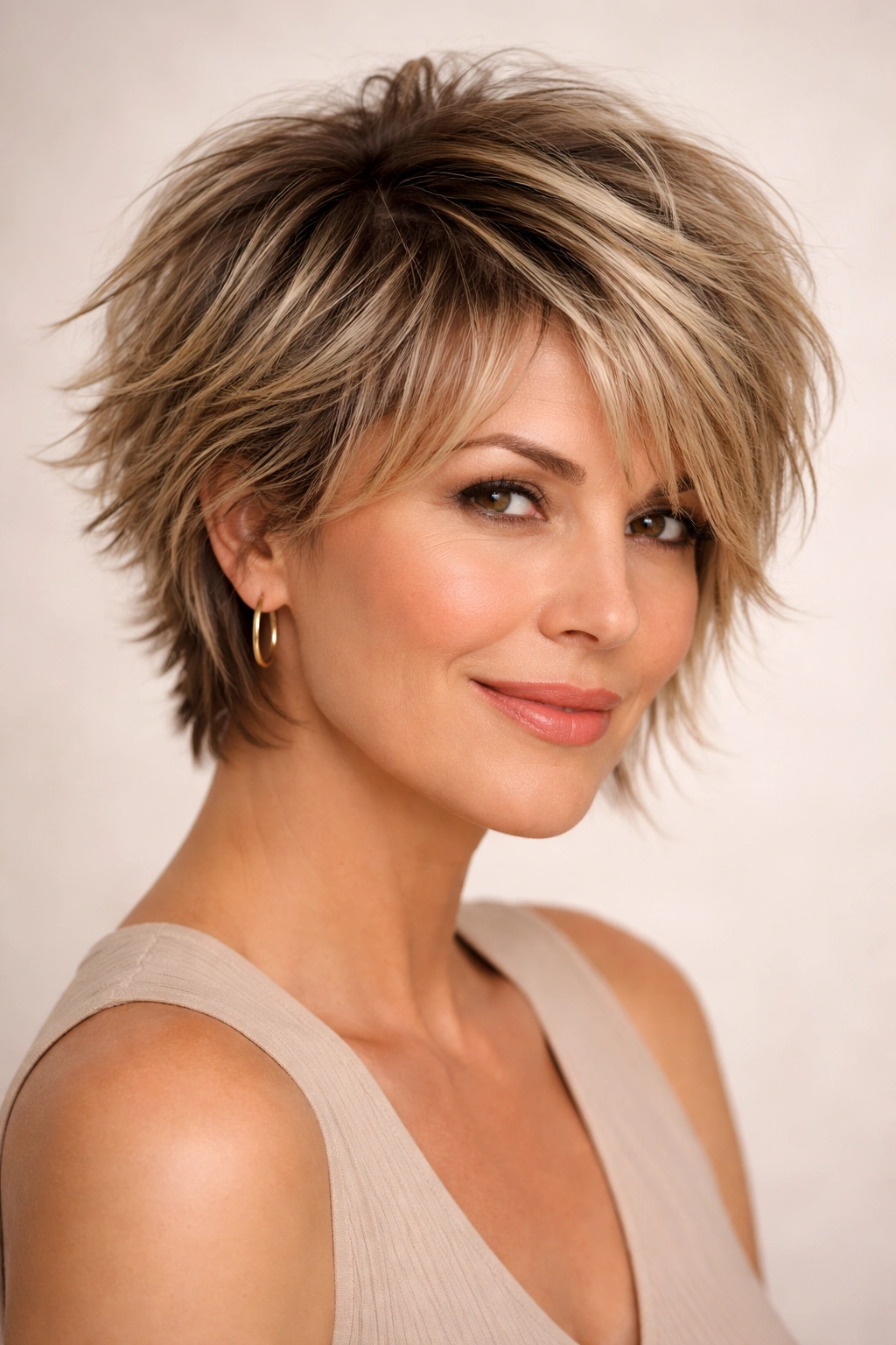 Short hairstyle with choppy layers providing texture and movement on a mature woman