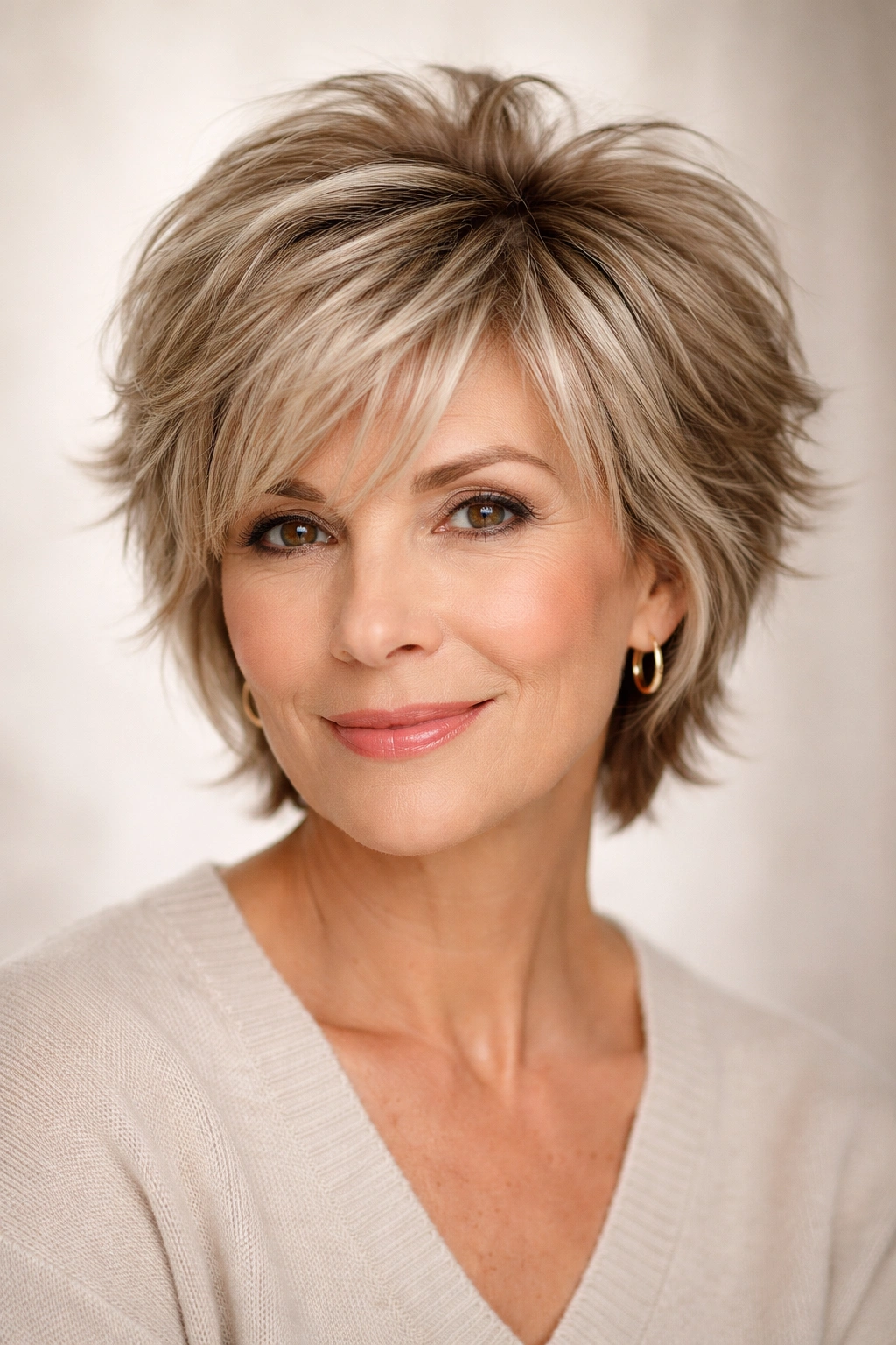 Older woman with choppy layers creating lift and shape in fine hair