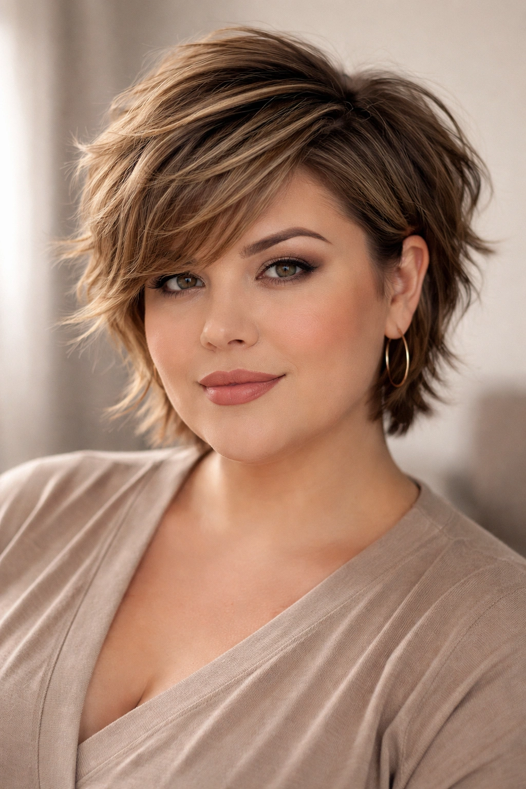 Short haircut with choppy layers and side-swept style