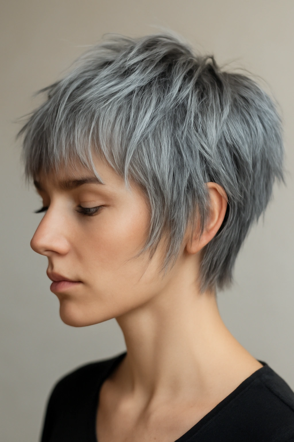 15 Short Haircut and Color Combos Worth Trying Together 3 Close-up of choppy layered short hair in silver-grey tones