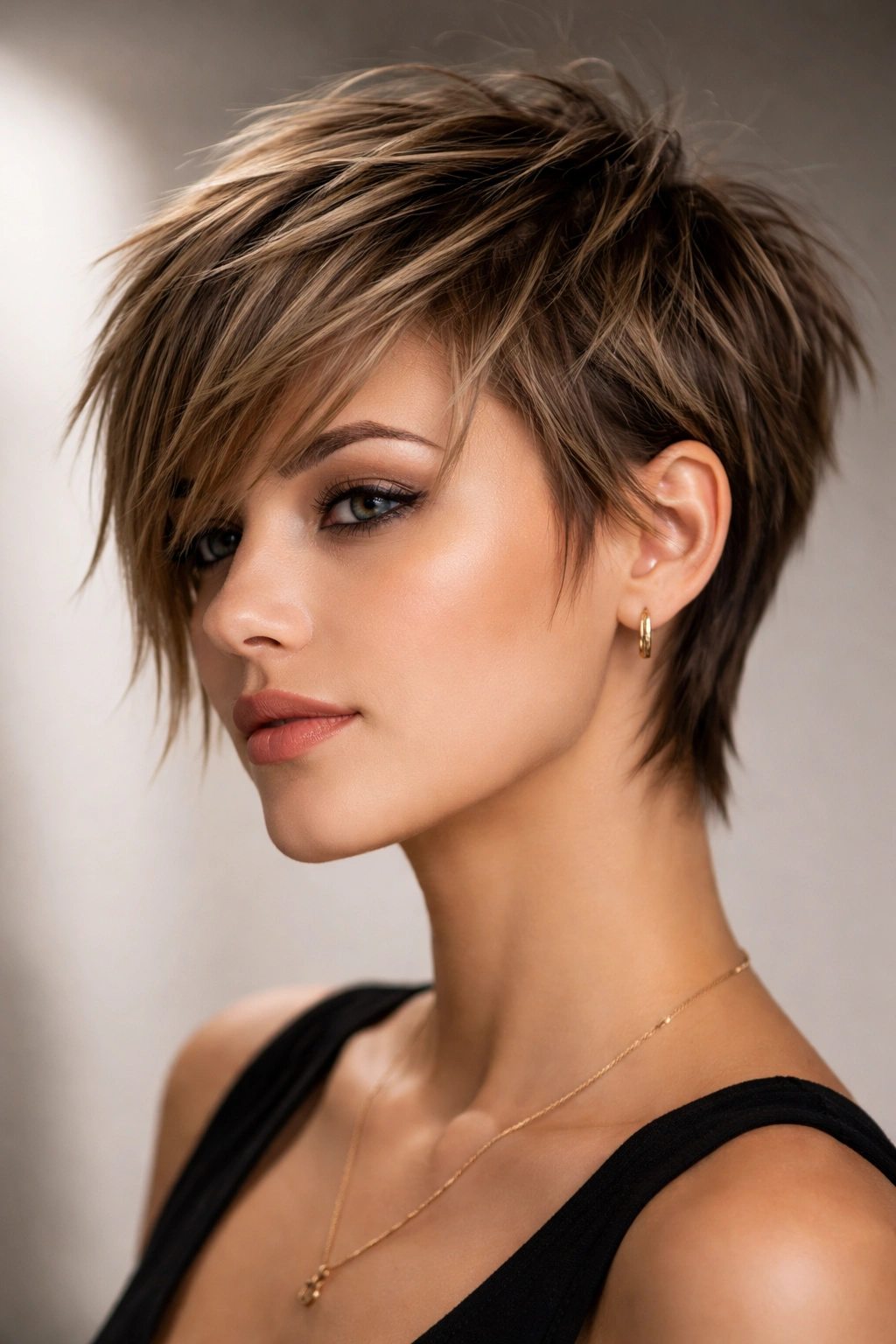 Choppy layers hairstyle with angular top layers on straight hair.