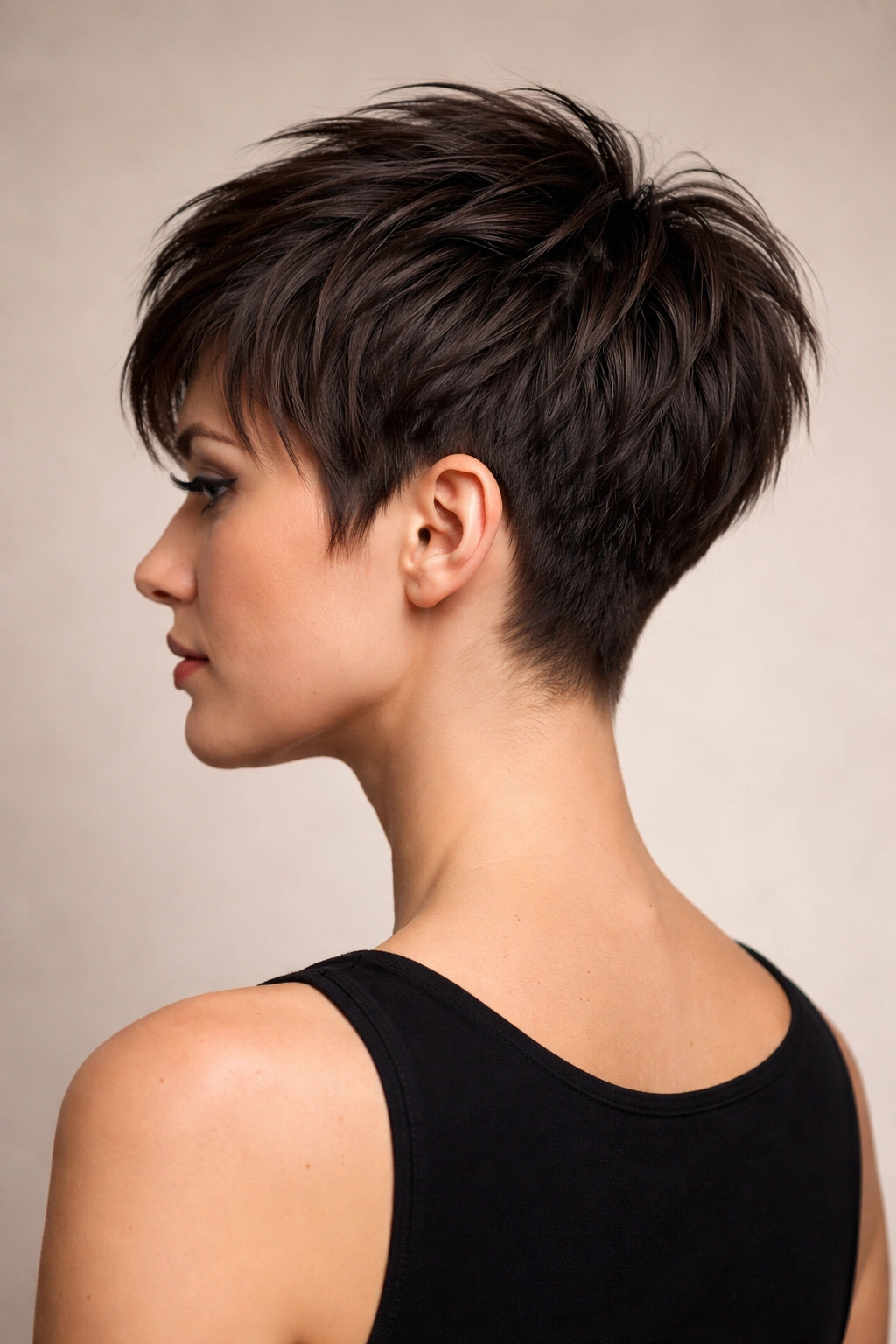 10 Short Taper Haircuts That Look Sharp On Women 7 Close-up side profile of a woman with choppy crown layers and a tapered nape