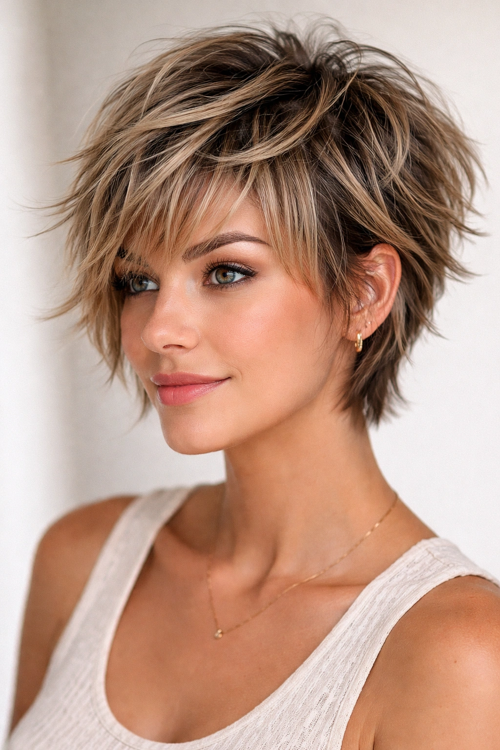 Choppy all-over layers in a short hairstyle with varied lengths