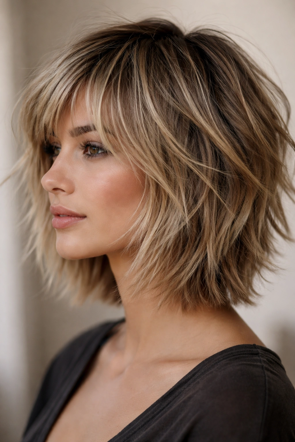 15 Short Haircuts Made For Heart Shaped Faces 5 Close-up of choppy layers with jagged lengths and texture