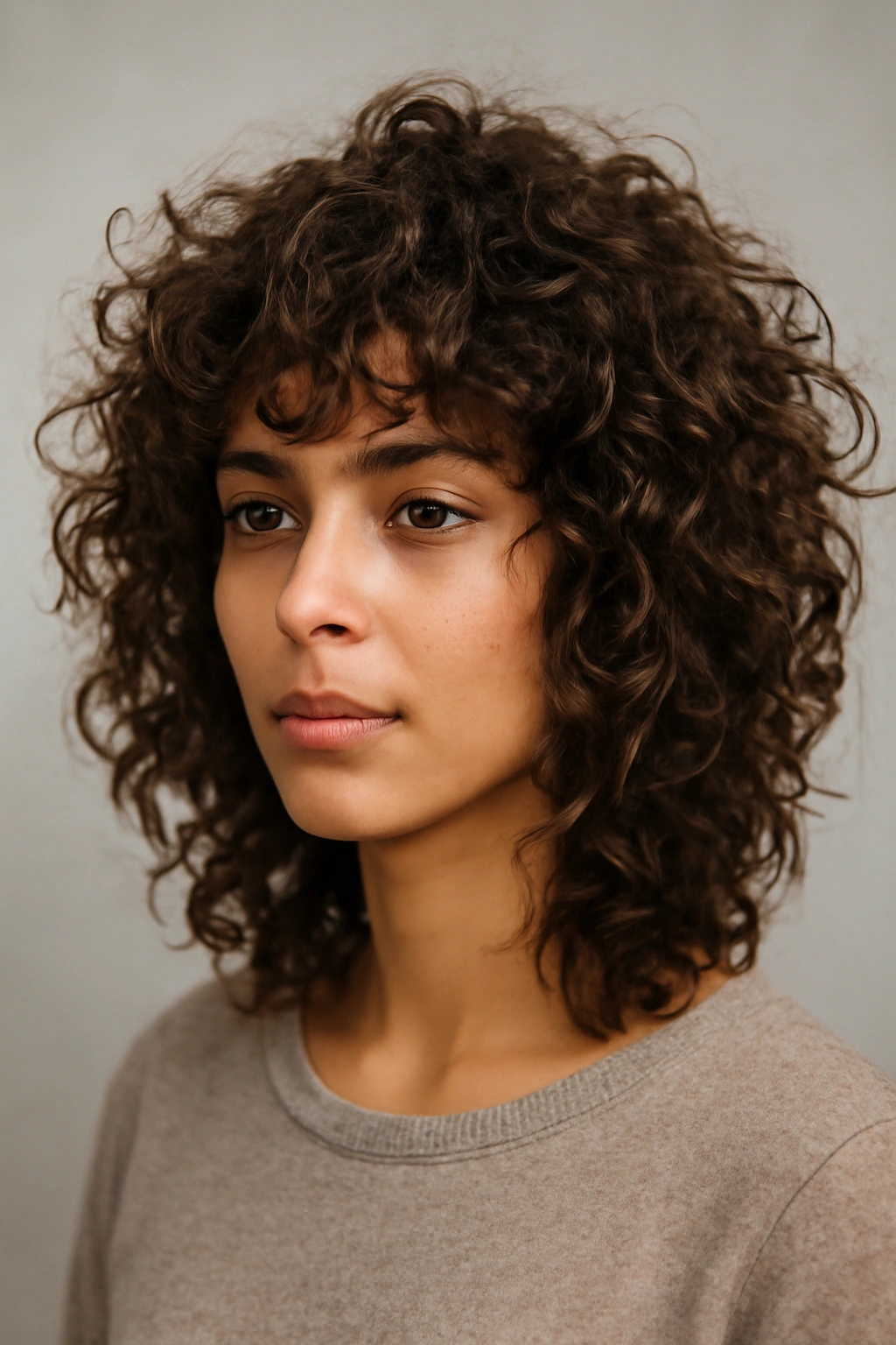 Head-and-shoulders shot showing choppy textured curls