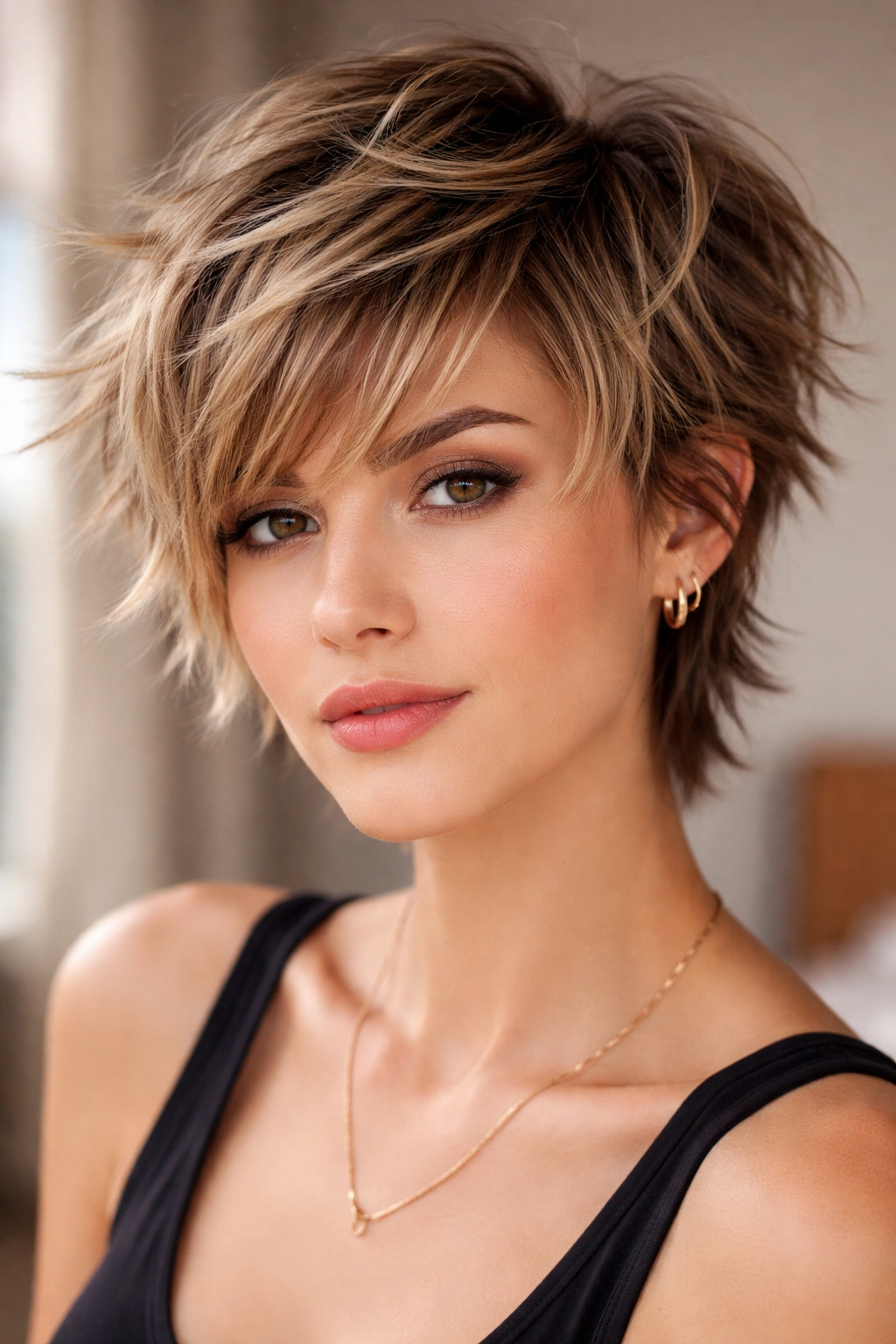 20 Very Short Haircuts That Still Look Feminine 4 Choppy layered haircut with varied lengths around the head.