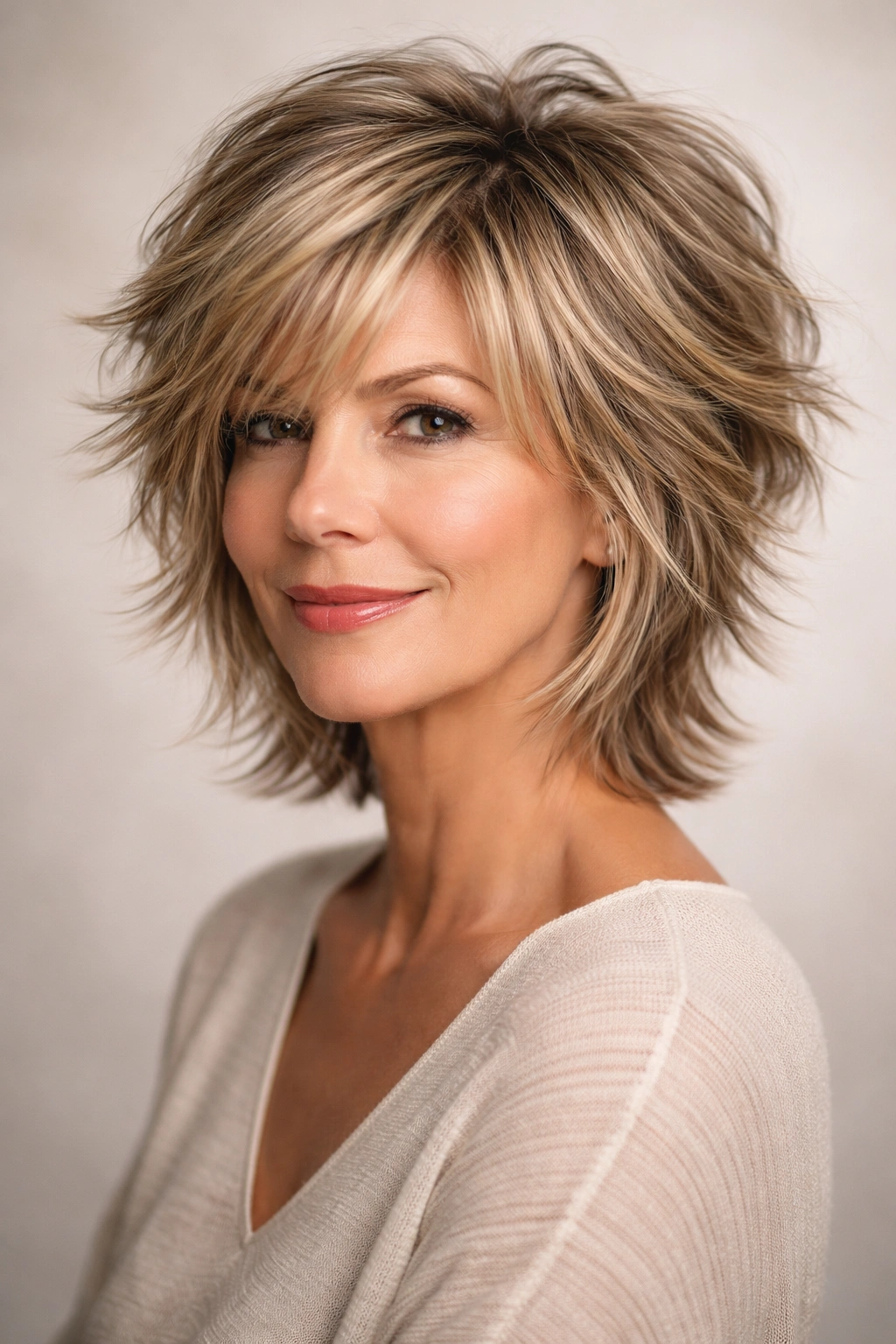 All-over choppy layers on a mature woman creating movement and texture.