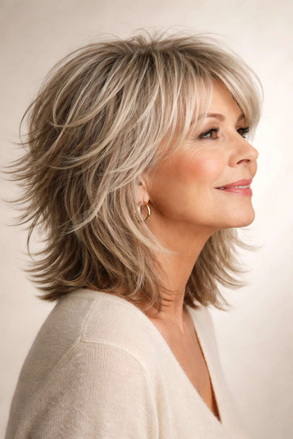 Close-up profile of choppy shoulder-length layers with textured ends and movement.