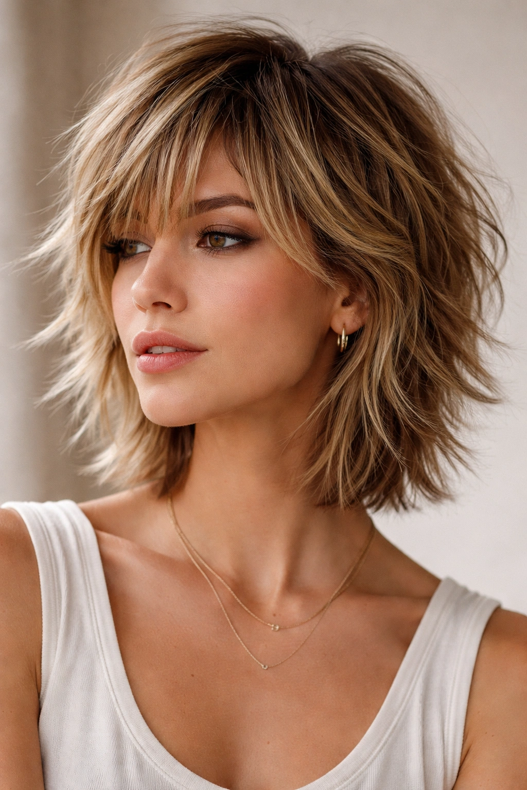 15 Short Haircuts That Balance Out A Longer Face 11 Head-and-shoulders portrait displaying jagged choppy layers