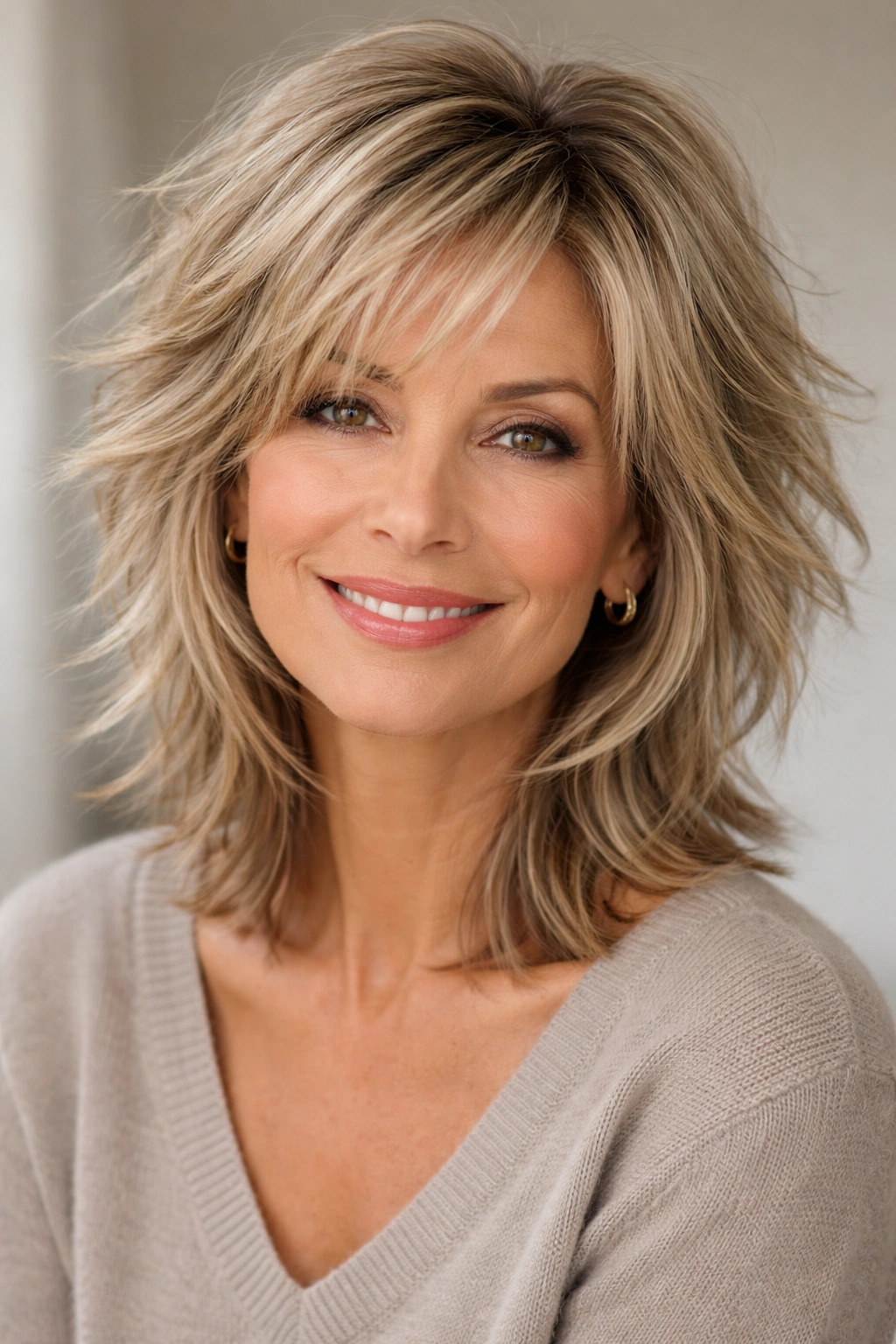 20 Volume Boosting Hairstyles For Older Women 11 Front view of choppy layered hair with varied lengths and texture.