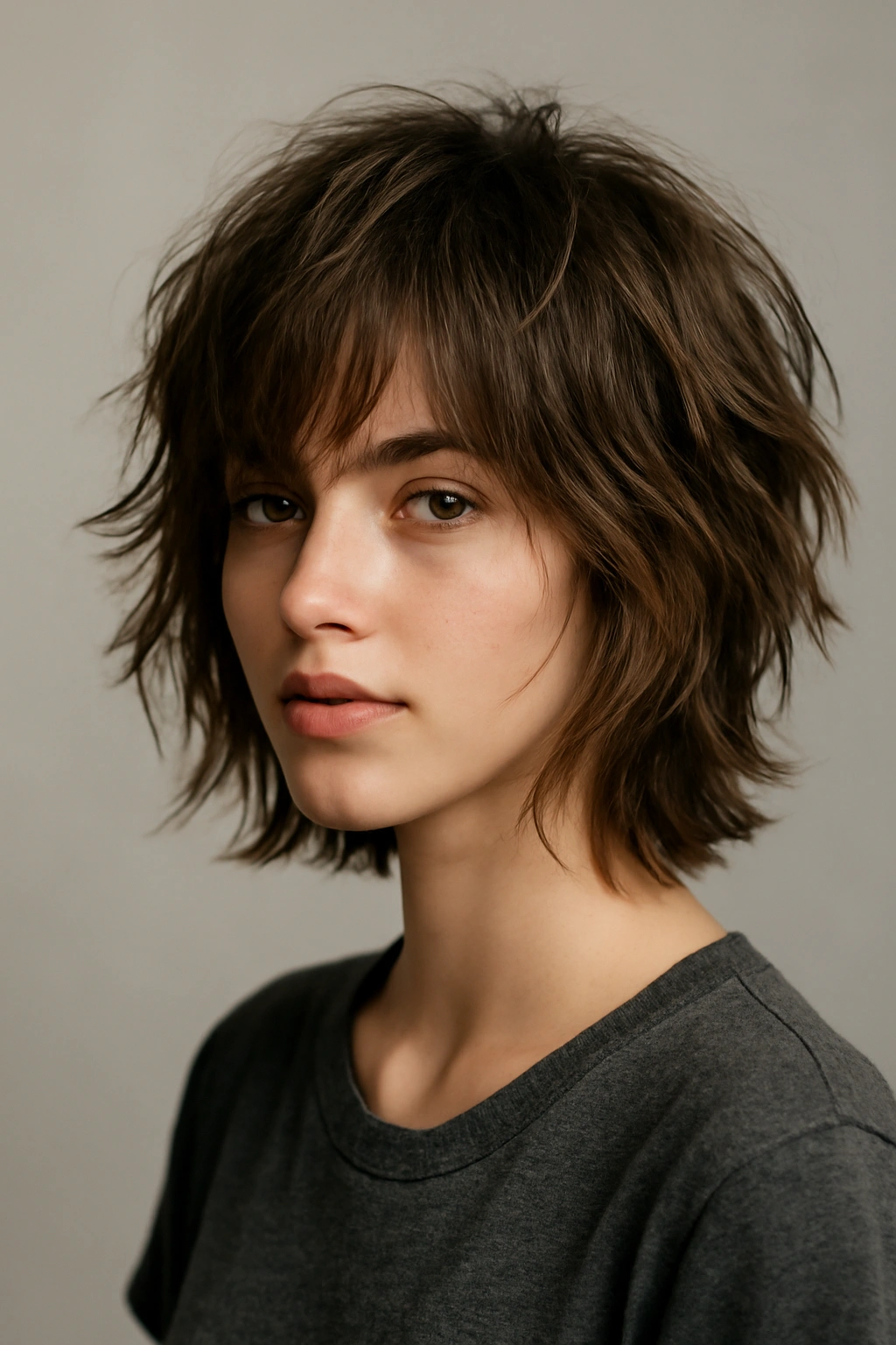 15 Wash and Go Haircuts That Need Almost No Effort 8 Portrait of head with choppy layered hair showing texture and movement in a studio setting.