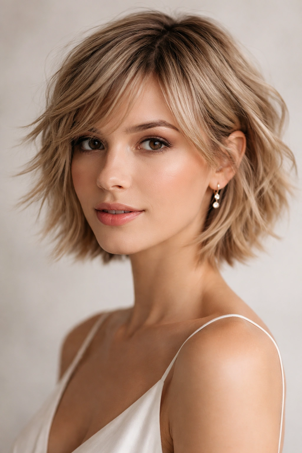 Close-up of a short hairstyle with choppy textured layers.