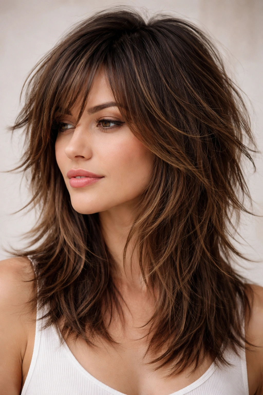 15 Hairstyles That Beautifully Flatter Round Faces 14 Close-up of choppy layered haircut showing jagged texture around crown and face