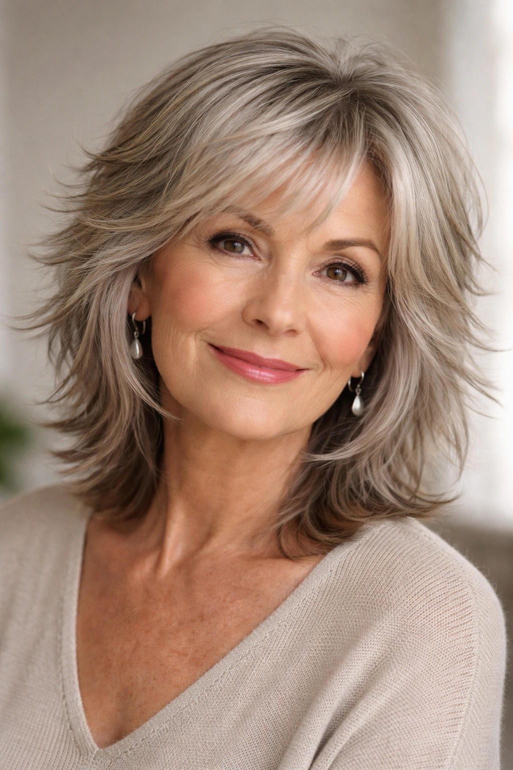 Three-quarter view of choppy layers throughout mid-length hair