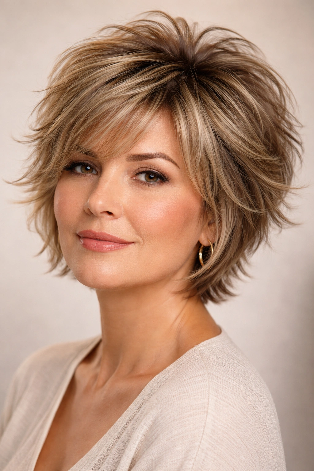 18 Short Hairstyles For Round Faces Over 40 5 Round-faced person with choppy layers and volume at crown