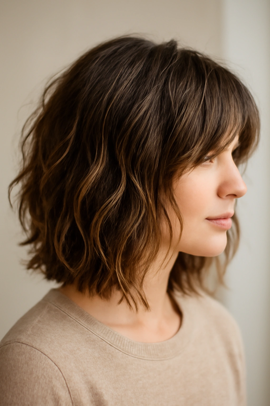 15 Wash and Wear Haircuts by Hair Texture 14 Close-up of choppy layers adding texture to wavy hair in a studio setting.