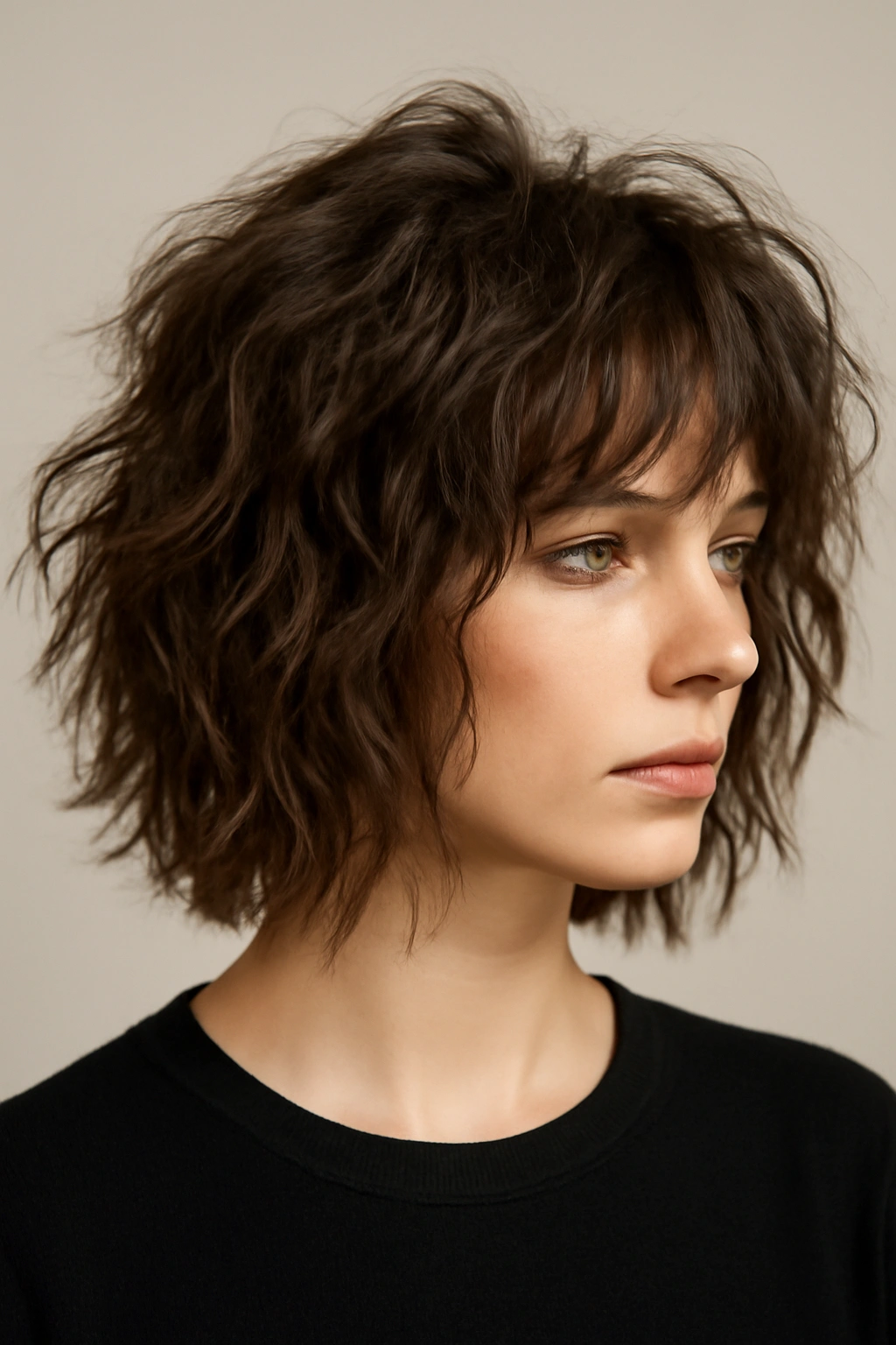 Close-up of bold wavy hair with distinct, varied-length choppy layers