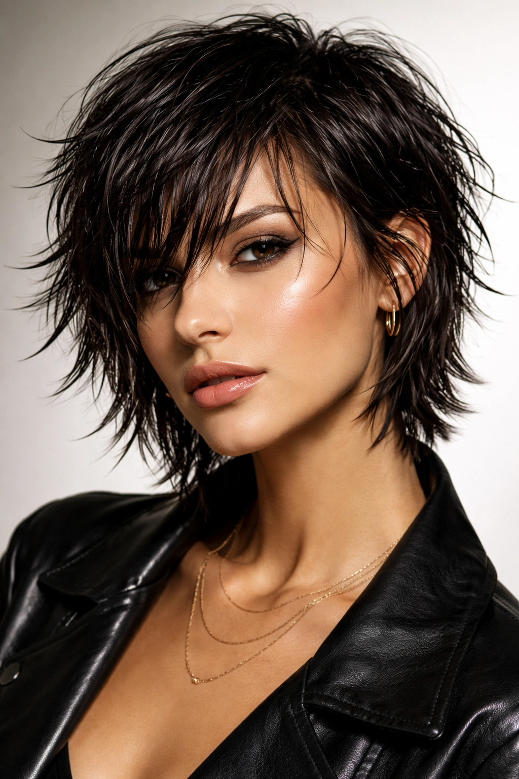 Portrait of a model with choppy feathered layers and a wet-look finish.