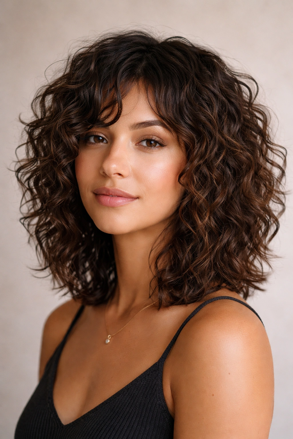 Choppy lob on curly hair with layered ends
