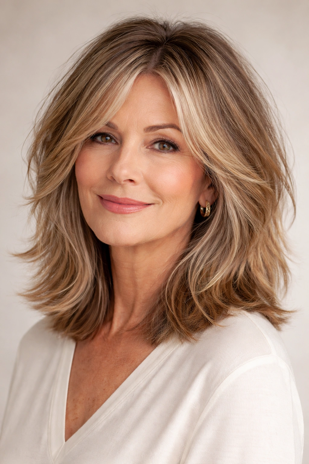 Thick-haired woman with a choppy lob and face-framing layers.