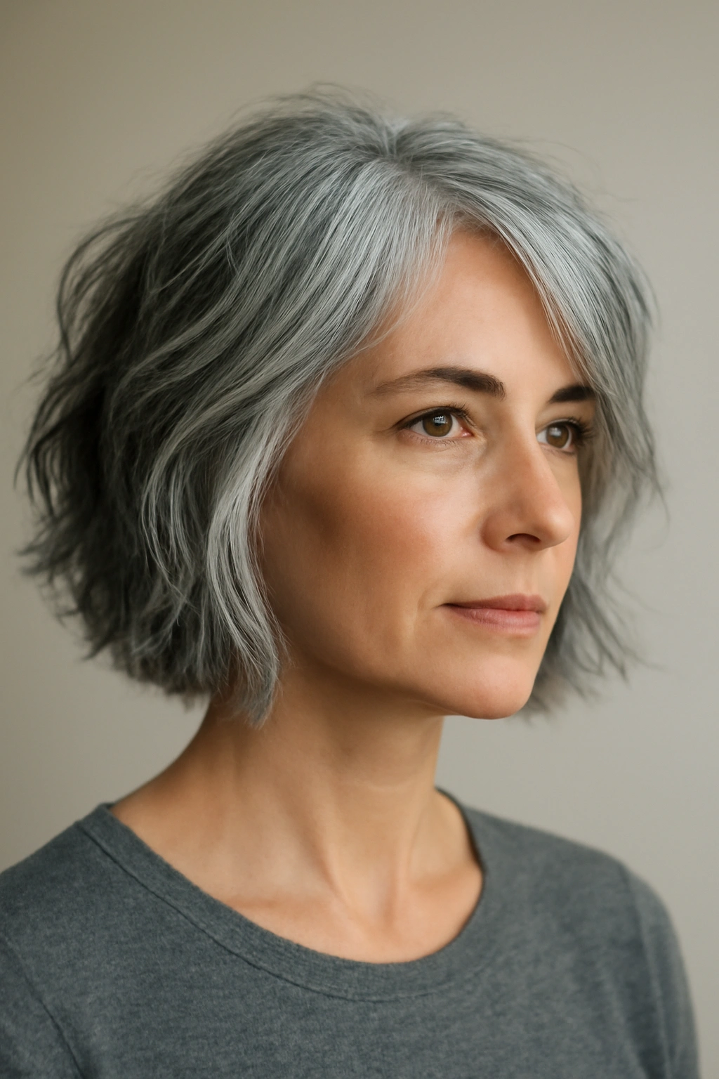 10 Short Haircuts for Women Embracing Their Gray Hair 10 Portrait of a gray-haired woman wearing a choppy layered lob