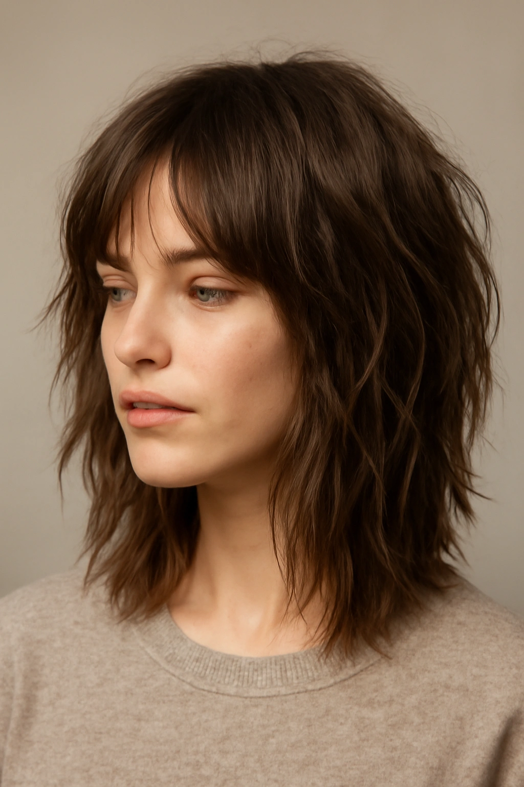 20 Shaggy Styles That Make Your Hair Look Effortlessly Good 2 Three-quarter view of The Choppy Lob with Layers highlighting jagged face-framing layers and textured ends