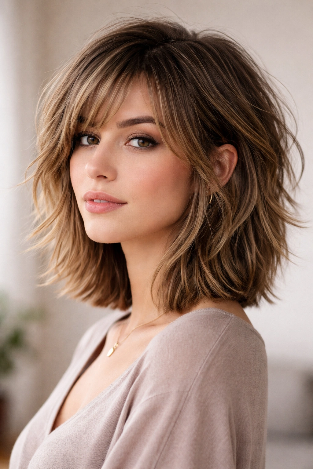 Close-up of a chin-to-shoulder choppy lob with textured layers framing the jaw