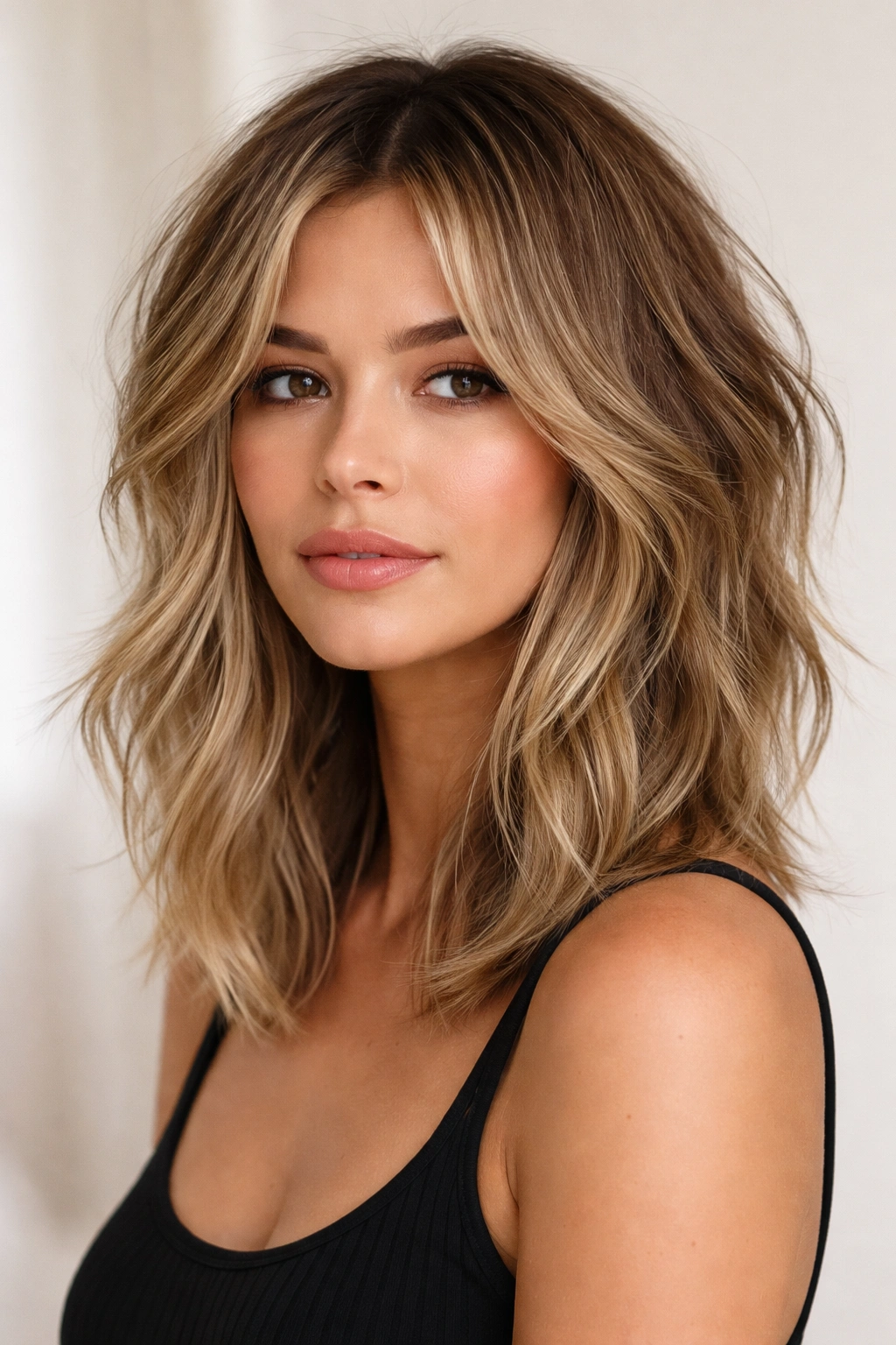 Portrait of a long lob with choppy face-framing layers that add texture and lift around the ears.
