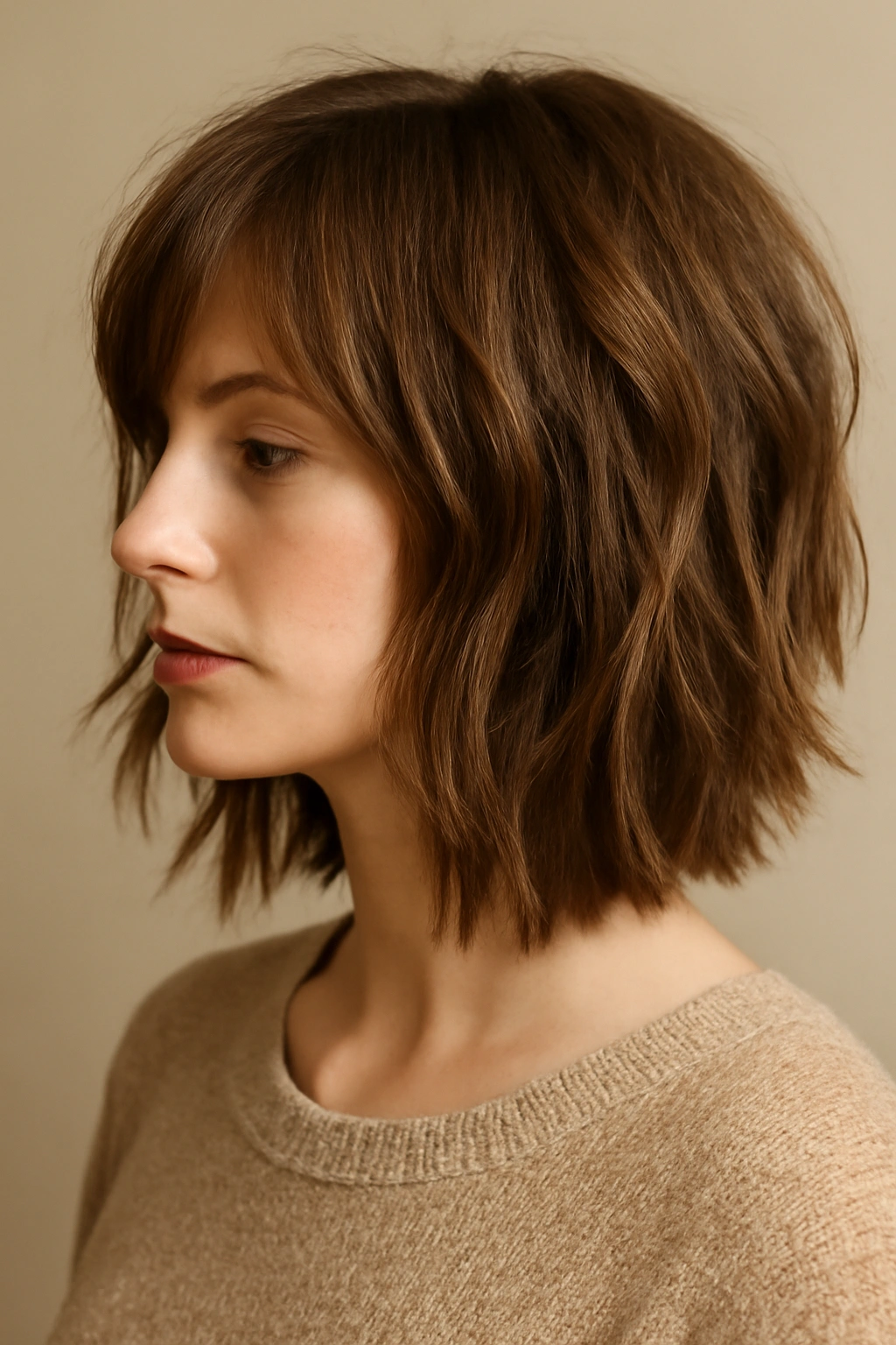Choppy layered lob hairstyle with uneven ends and movement