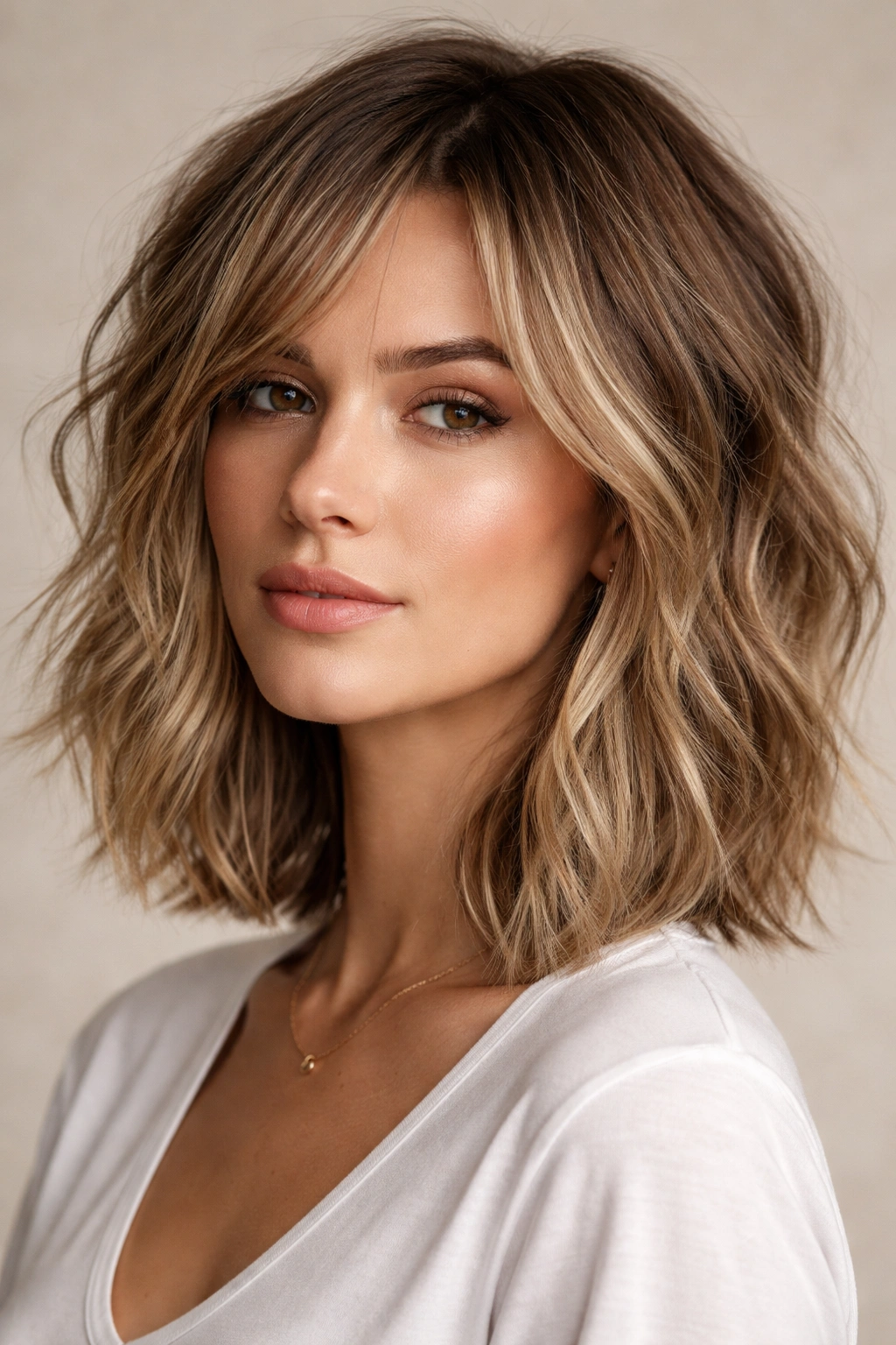 Choppy Lob With Lots of Texture showing textured ends and shoulder length