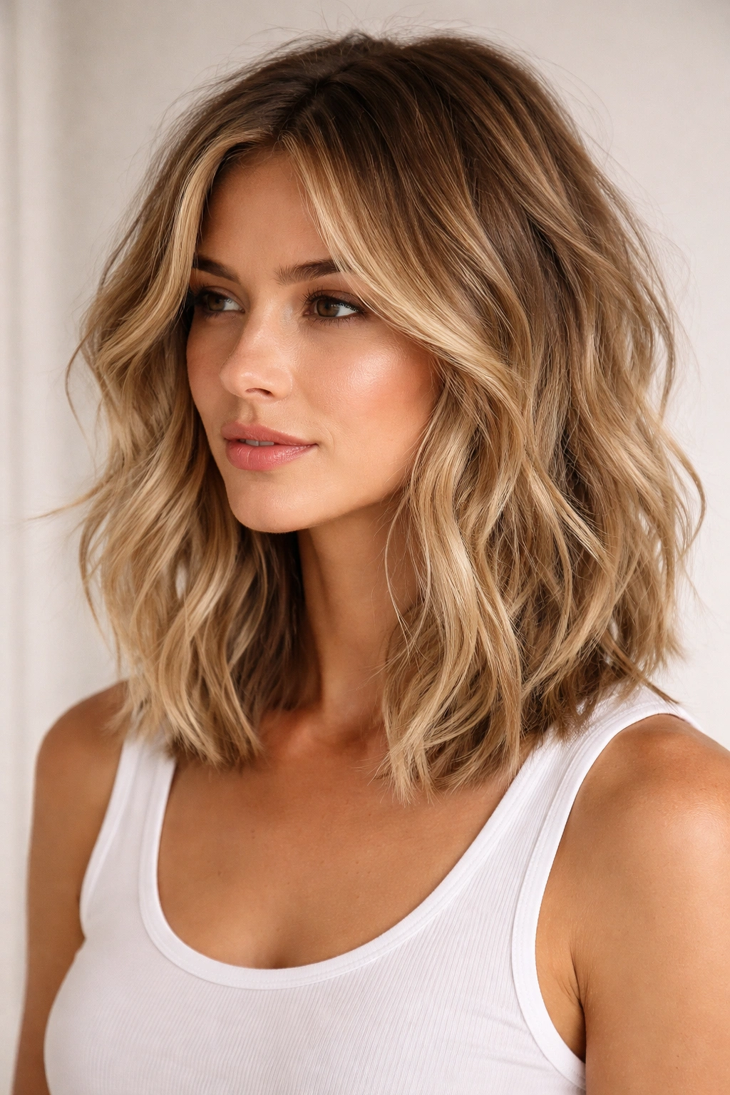 Shoulder-length choppy lob with textured layers and natural waves