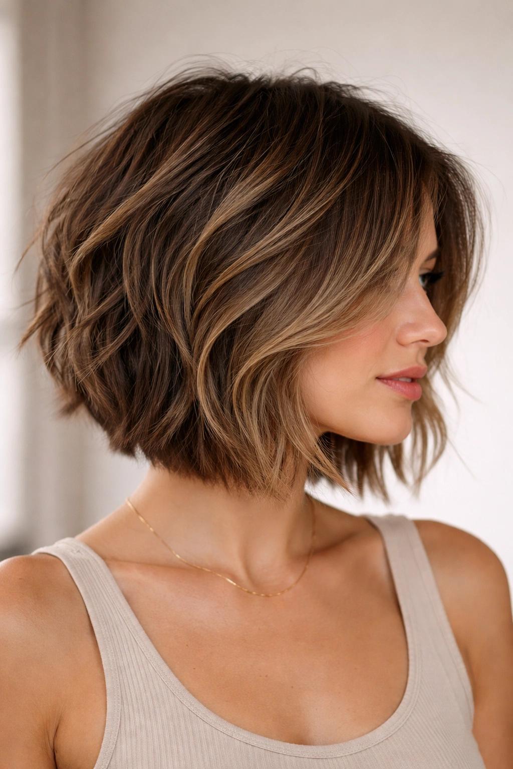 18 Stacked Bob Styles From Short To Medium Length 5 Choppy medium stack hairstyle showing pronounced layers and texture