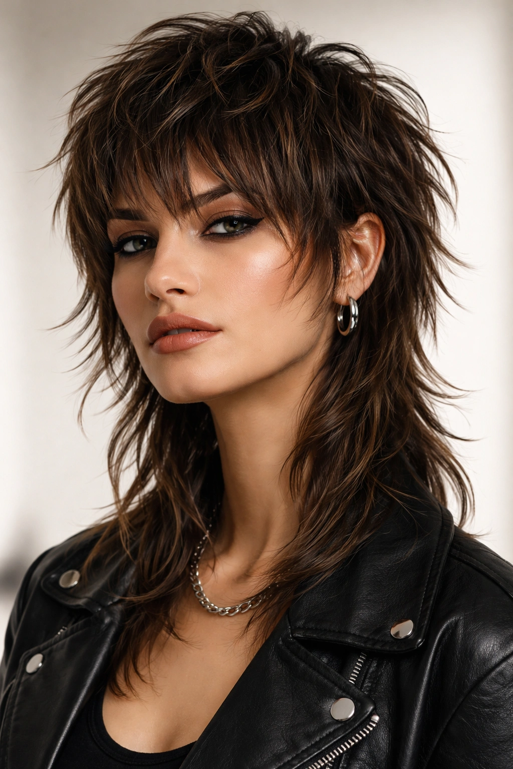 Portrait of a choppy modern mullet shag with cropped sides and longer back in studio lighting.