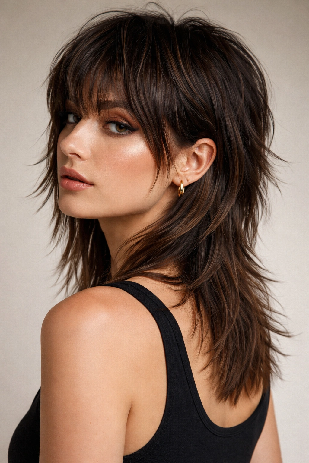 Choppy shoulder mullet with textured ends and back-length layering